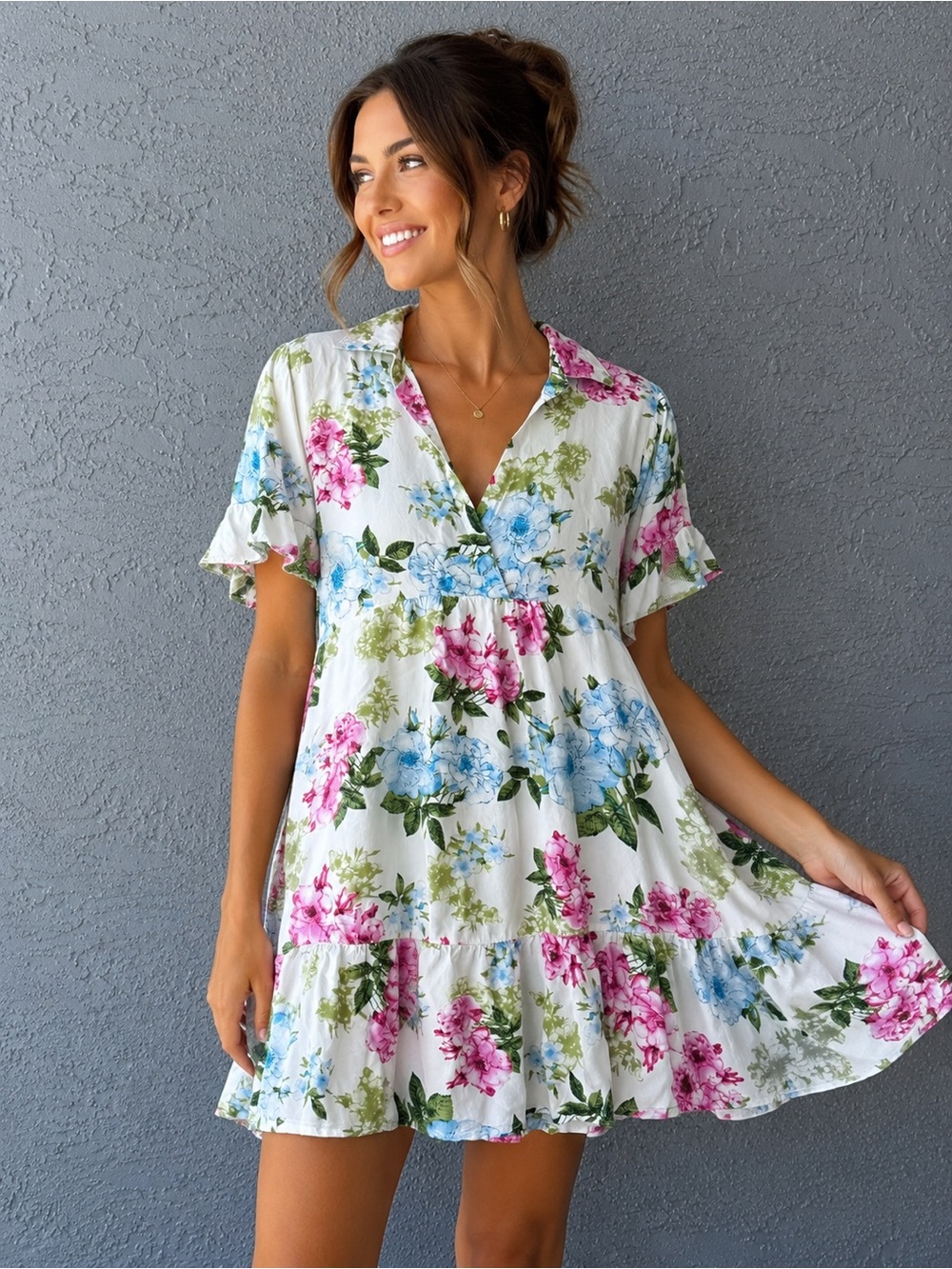 Umgee Floral Babydoll Dress Large Cottagecore Boho Tiered Ruffle